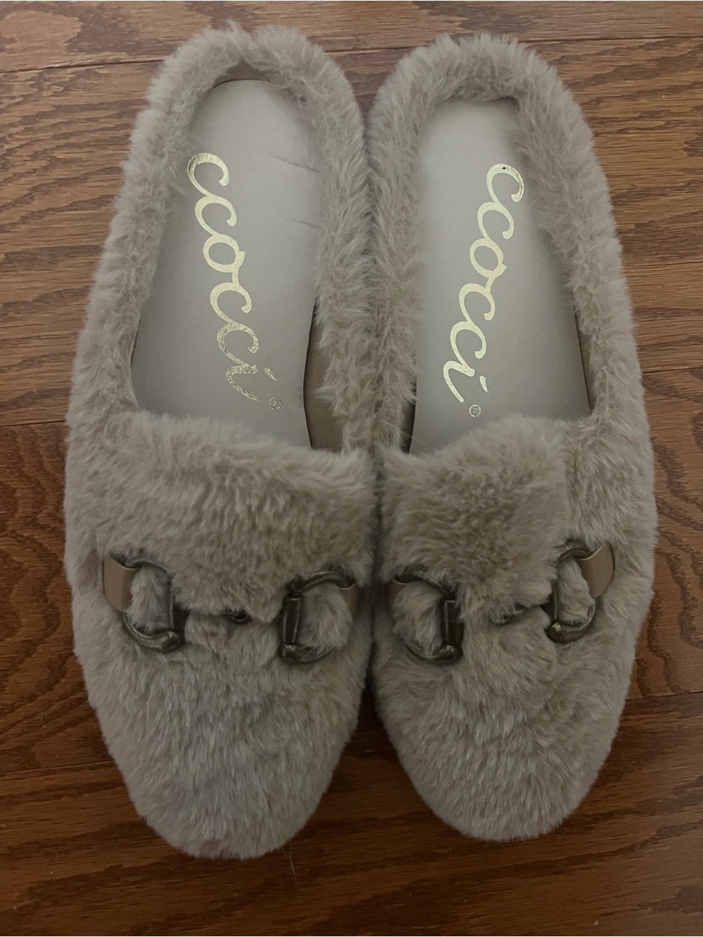 CCOCCI Taupe Faux Fur Slip-On Mules with Metal Bit